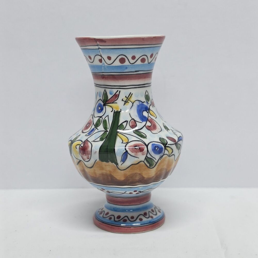 Vintage Hand Painted Portuguese 5" Vase Colorful Floral Design Portugal XVII